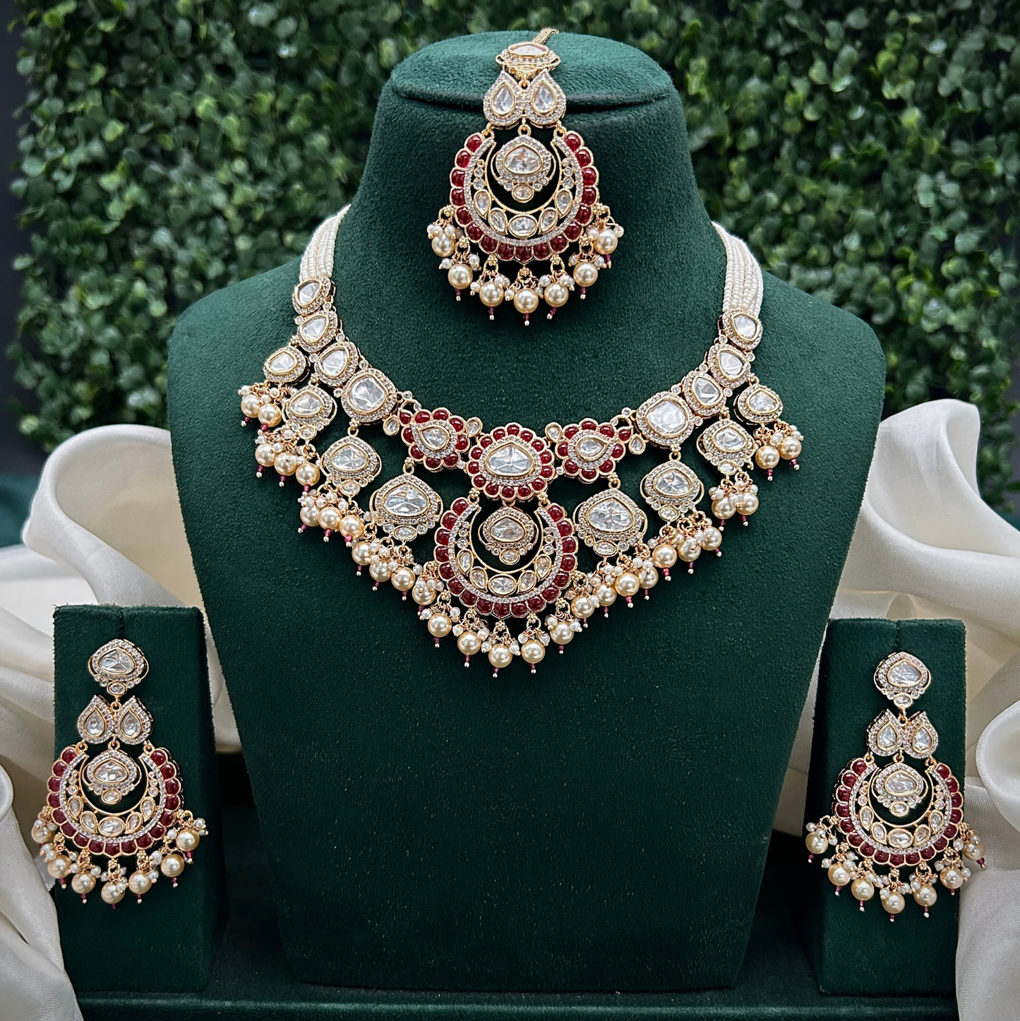 Royal Ruby Kundan Necklace Set with Pearl Drops