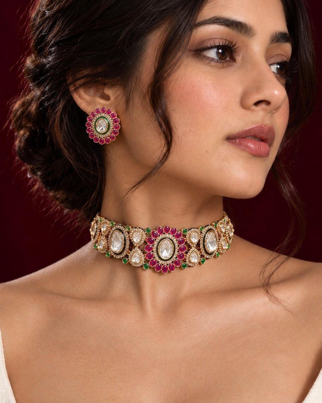 Elegant Kundan choker with vibrant ruby accents.
