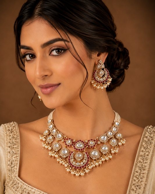 Royal Ruby Kundan Necklace Set with Pearl Drops