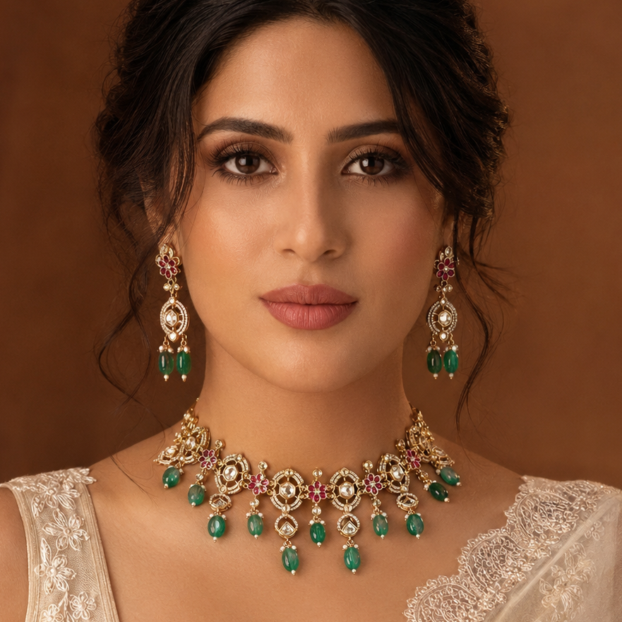 Royal Emerald Kundan Choker Set with Matching Earrings