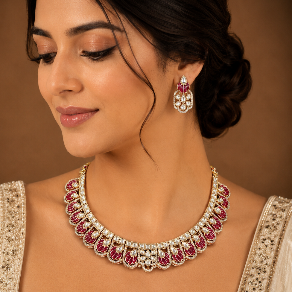 Royal Ruby Red Kundan Necklace Set with Matching Earrings