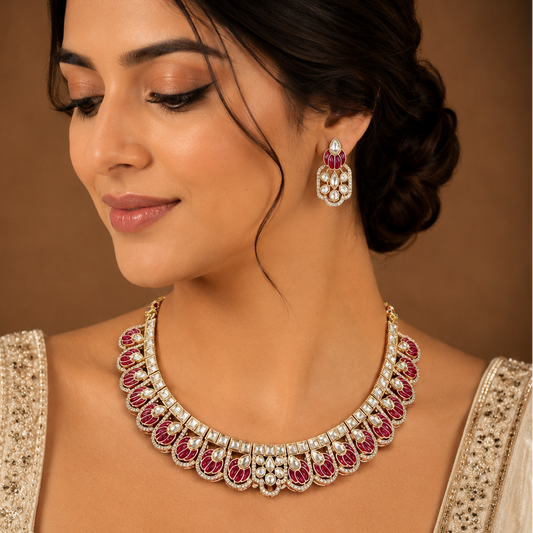 Royal Ruby Red Kundan Necklace Set with Matching Earrings