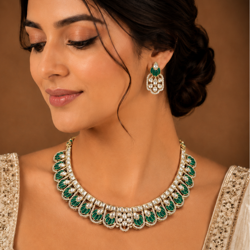 Emerald Green Kundan Necklace Set with Matching Earrings