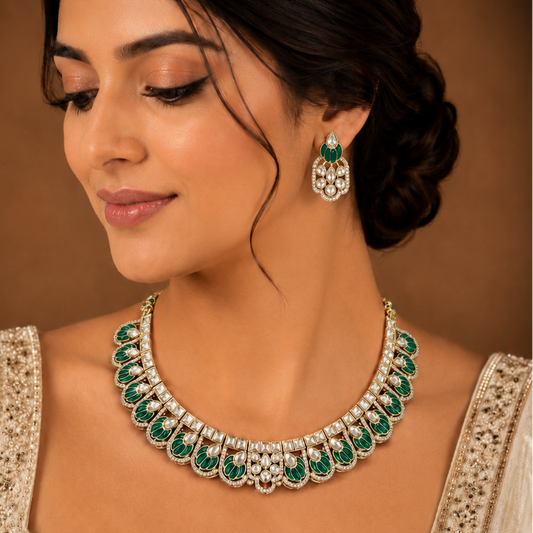 Emerald Green Kundan Necklace Set with Matching Earrings