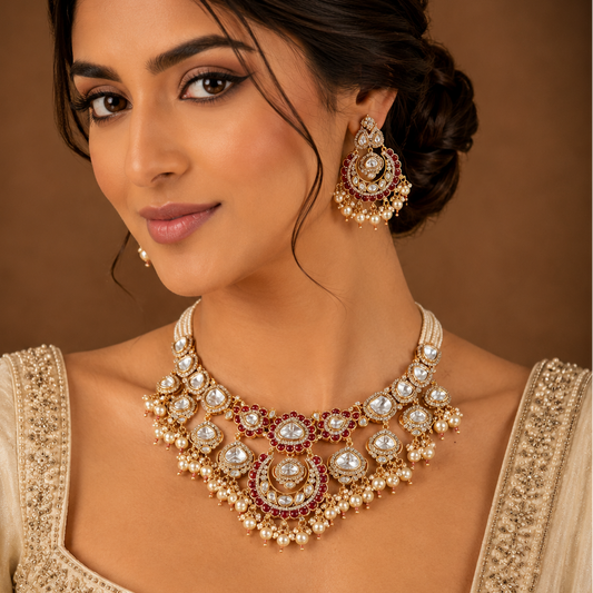 Royal Ruby Kundan Necklace Set with Pearl Drops