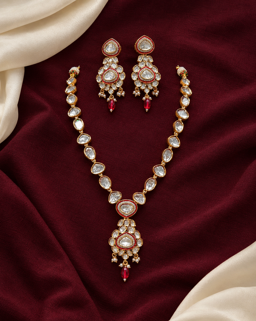 Classic Uncut Kundan Long Necklace Set with Matching Earrings