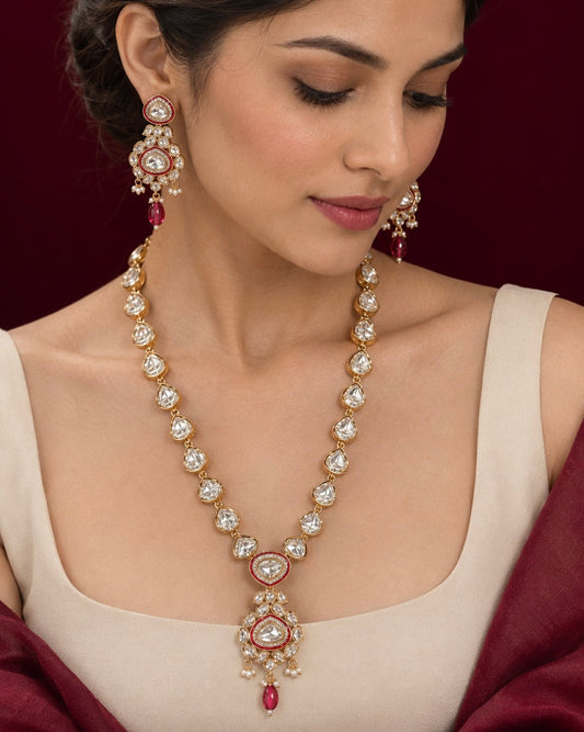 Classic Uncut Kundan Long Necklace Set with Matching Earrings