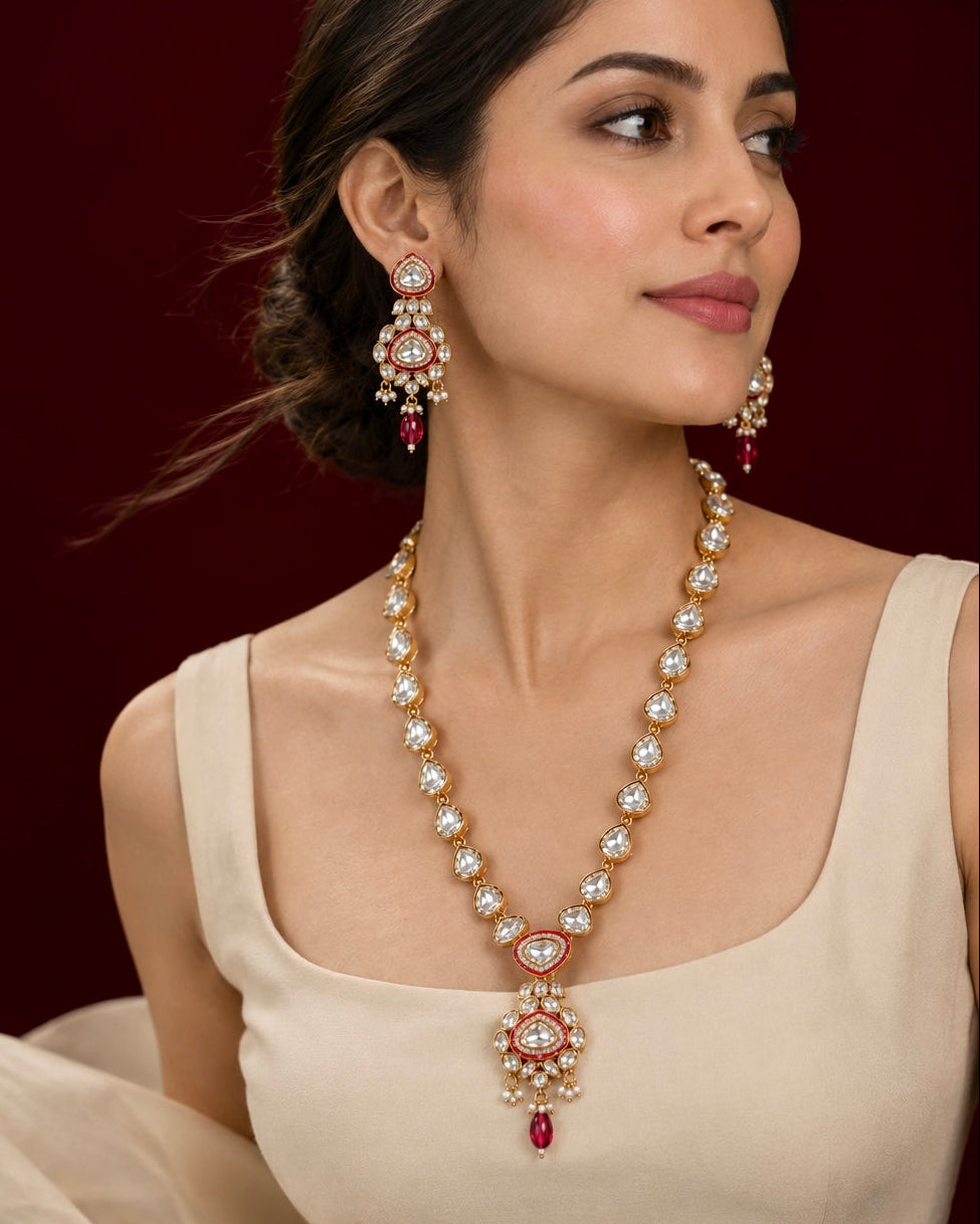 Classic Uncut Kundan Long Necklace Set with Matching Earrings