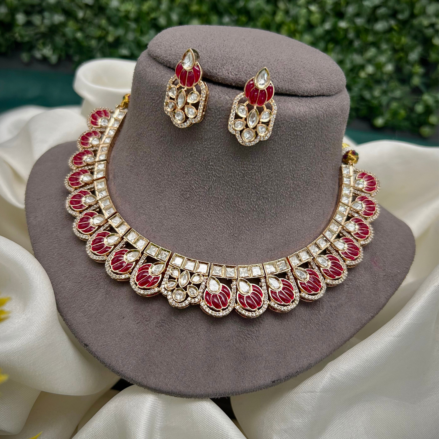 Royal Ruby Red Kundan Necklace Set with Matching Earrings