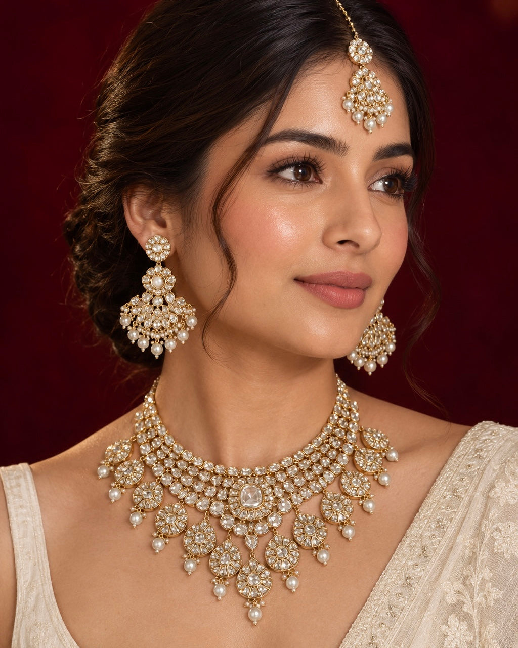 Complete royal Kundan Bridal Set featuring a Necklace, matching Earrings, and Maang Tikka.