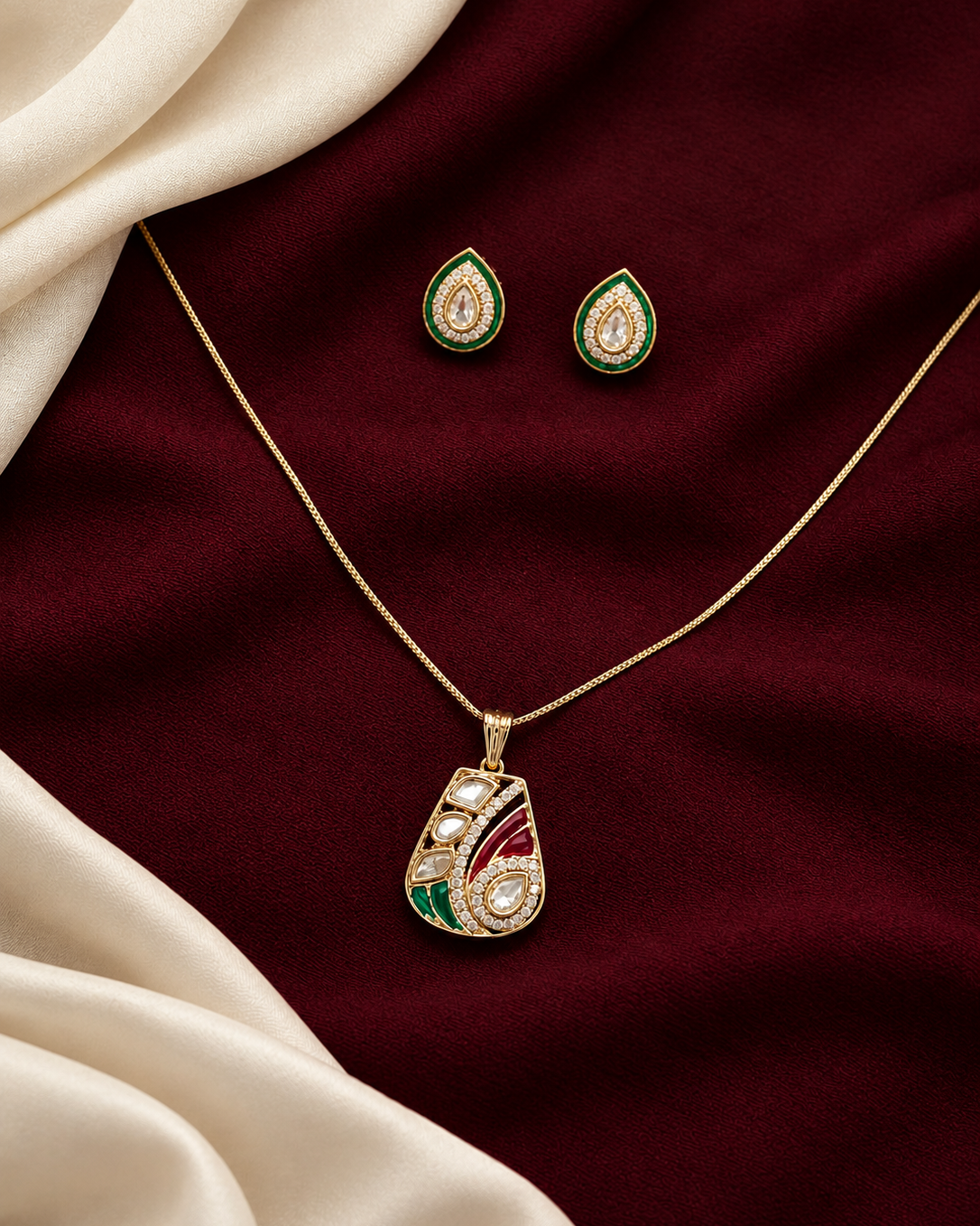Vibrant ruby and emerald epoxy artistry seamlessly blended in an elegant pendant set