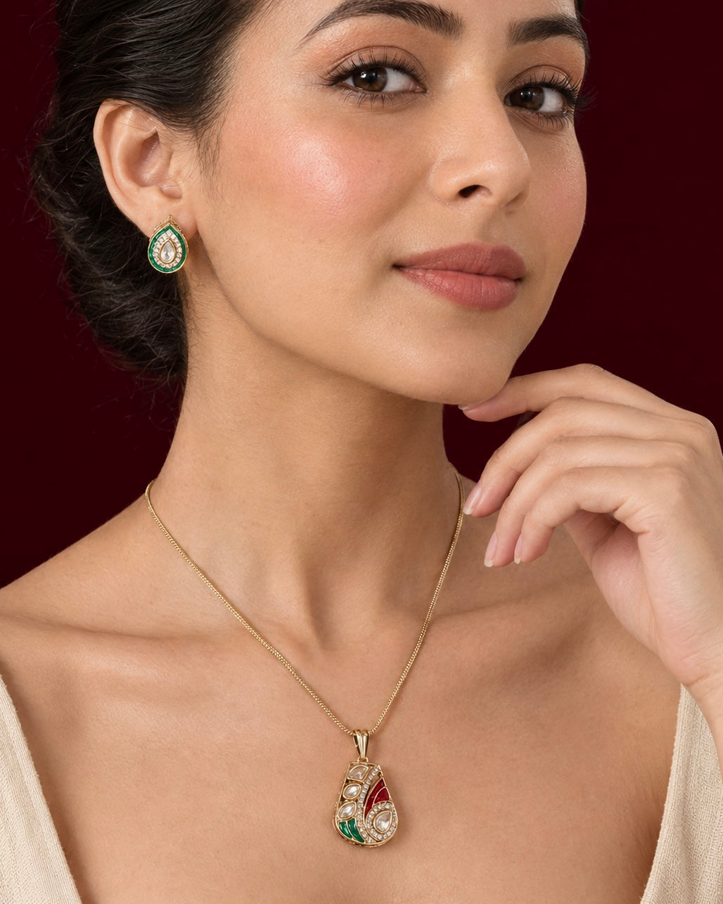 Vibrant ruby and emerald epoxy artistry seamlessly blended in an elegant pendant set